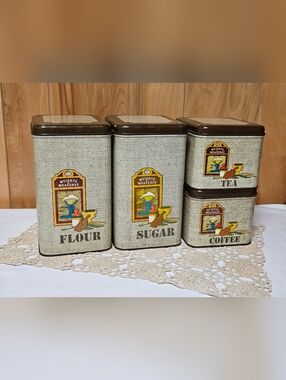VTG Cheinco 1970’s 4 Piece Lidded Tin Canister Set Weight & Measures Graphics